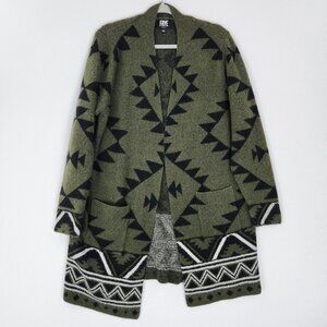 Frye Sweater Womens Large Green Black The Cozy Aztec Open Front Long Cardigan